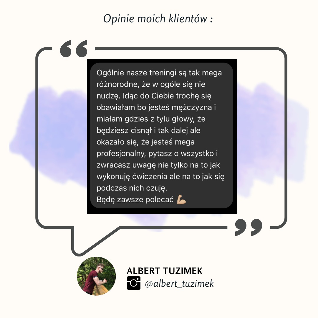 Grafika przedstawia opinię klienta w dymku dialogowym, chwalącą różnorodność i profesjonalizm treningów, z miniaturką zdjęcia trenera Alberta Tuzimka i jego nazwą.