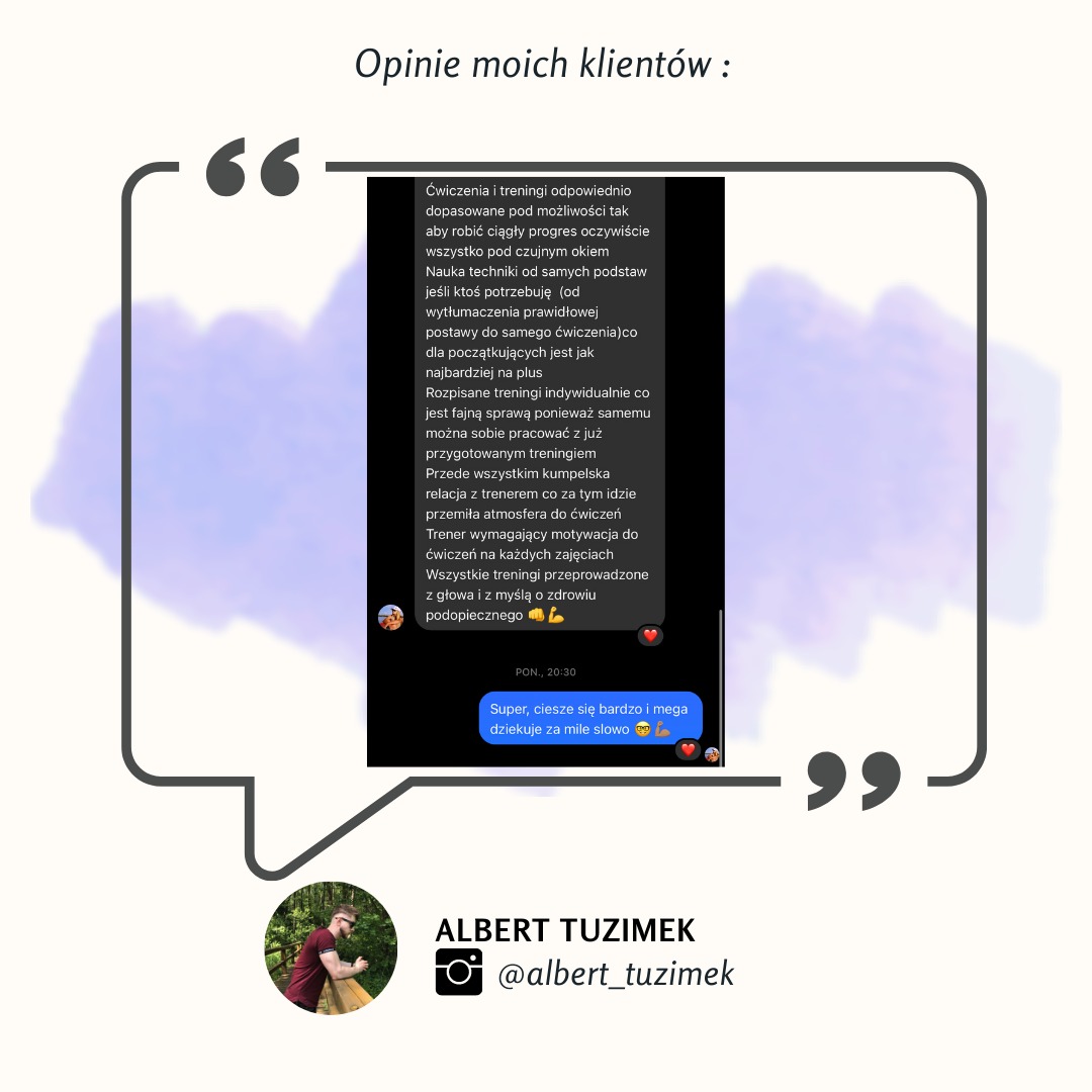 Zrzut ekranu z pozytywnymi opiniami klientów na temat treningów, podkreślający indywidualne podejście, naukę techniki i motywującą atmosferę z trenerem.