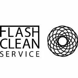 Logo firmy Flash Clean Service z abstrakcyjnym symbolem graficznym po prawej stronie.