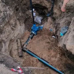 Wykop z ułożonymi rurami wodociągowymi z niebieskimi paskami i zaworem, widoczne zabezpieczenia rur, rękawica robocza i fragment chodnika