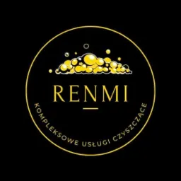 Logo firmy RENMI w kolorze złotym, oferującej kompleksowe usługi czyszczące, z motywem piany lub bąbelków.