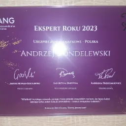 Dyplom 'Ekspert Roku 2023' dla Andrzeja Dondelewskiego w dziedzinie ubezpieczeń majątkowych, z podpisami Artura Nowak-Gocławskiego, Katarzyny Dmowskiej i Karoliny Trzeciakiewicz, w ramce o fakturze...