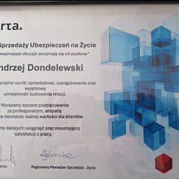 Andrzej Dondelewski ubezpieczenia i inwestycje - Dyplom 'Mistrz Sprzedaży Ubezpieczeń na Życie' marki Warta dla Andrzeja Dondelewskiego, z podziękowaniami za profesjonalizm i wkład w tworzenie wartości dla klientów.