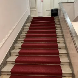 Czerwona wykładzina dywanowa zabezpieczona metalowymi prętami na marmurowych schodach w budynku z białymi panelami ściennymi i czarnym fotelem na górze.