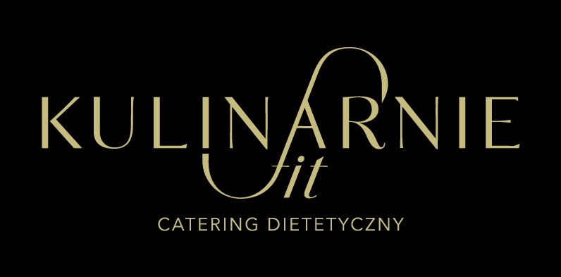 Eleganckie logo firmy 'Kulinarnie fit' w kolorze złota na czarnym tle, z dopiskiem 'catering dietetyczny' poniżej.