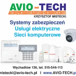 Folder reklamowy firmy Avio-Tech Krzysztof Mistecki, oferującej systemy zabezpieczeń, usługi elektryczne i sieci komputerowe, prezentujący centralę alarmową Satel Integra, klawiaturę Satel, pilot...