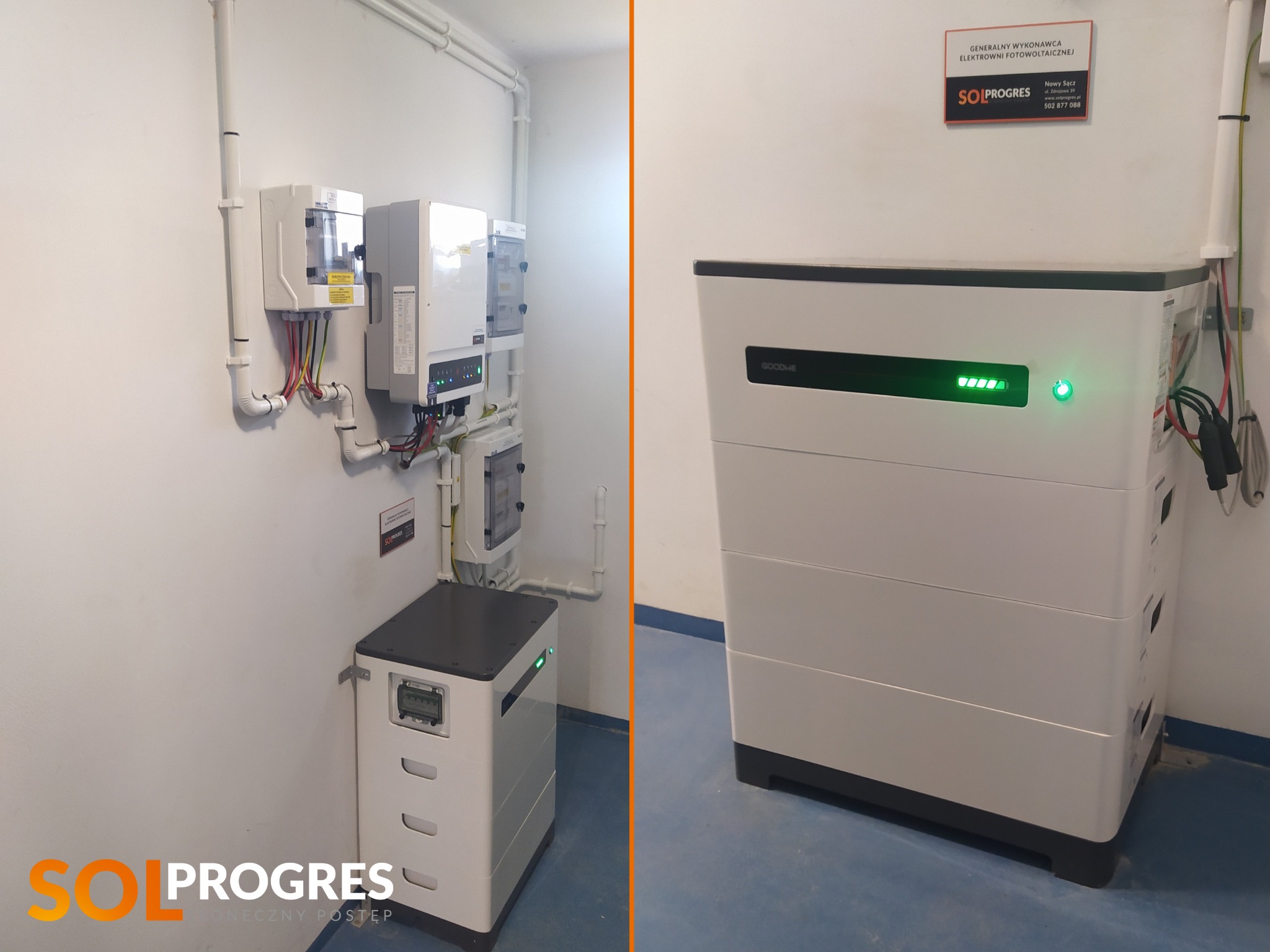 Dwa białe magazyny energii Goodwe z zielonymi wskaźnikami LED, podłączone do instalacji elektrycznej w pomieszczeniu technicznym. Na ścianie tabliczka informacyjna firmy Sol Progres.
