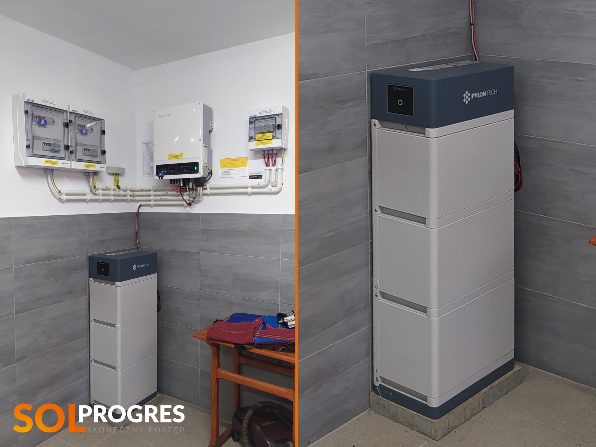 Instalacja domowa: biały magazyn energii Pylontech, rozdzielnice elektryczne i falownik na ścianie w pomieszczeniu wyłożonym szarymi płytkami.
