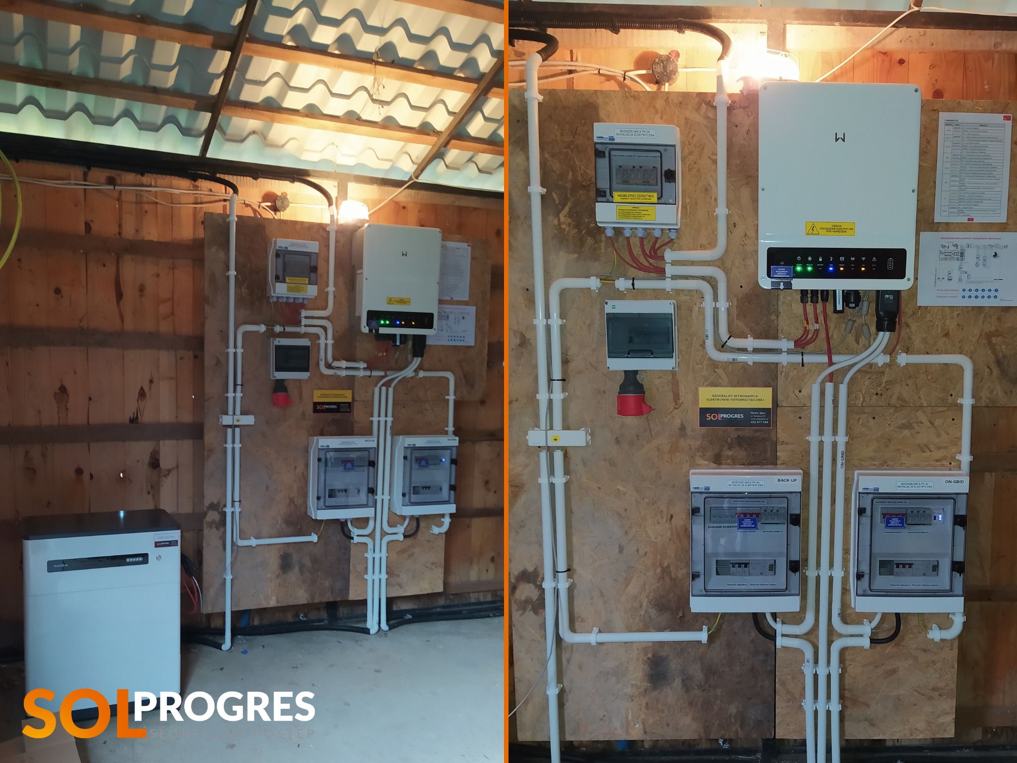 Instalacja fotowoltaiczna w Nowym Sączu z magazynem energii, widoczne panele sterowania, inwerter i akumulator, zamontowane na drewnianej ścianie. Widoczne przewody i elementy instalacji elektrycznej.