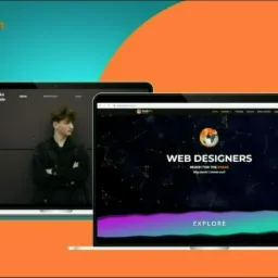 Dwa laptopy prezentują strony internetowe z portfolio i nowoczesnym designem, logo firmy GeekOn Studio w lewym górnym rogu, tło w odcieniach turkusu i pomarańczy.