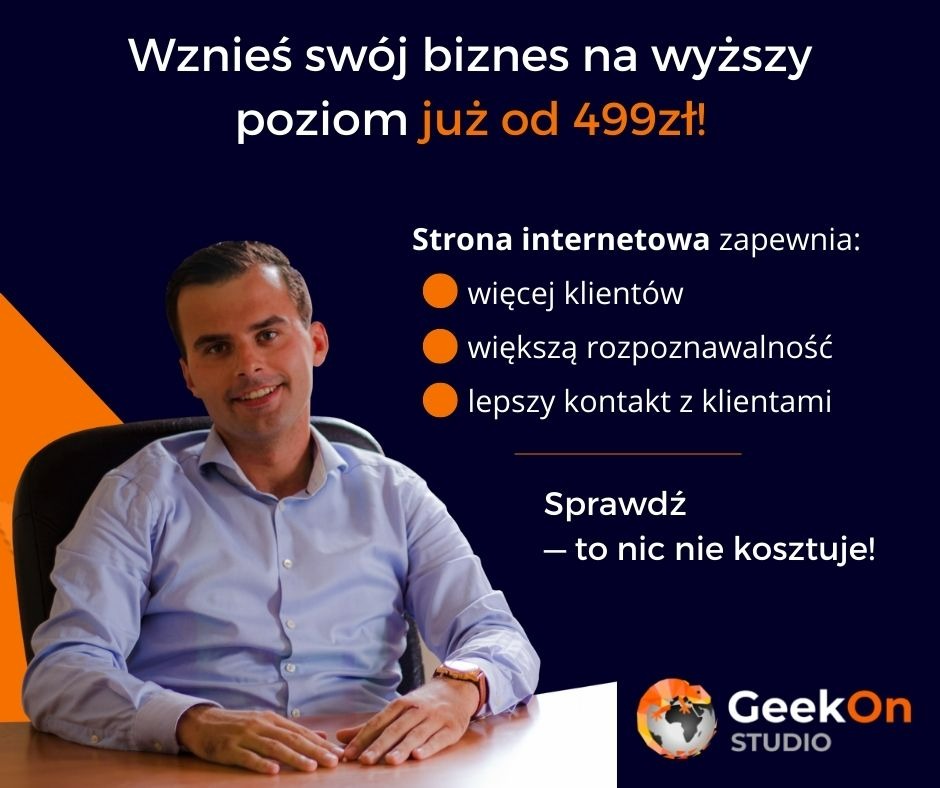 Uśmiechnięty mężczyzna w błękitnej koszuli siedzi za biurkiem na tle grafiki reklamowej z hasłem 'Wznieś swój biznes na wyższy poziom już od 499zł!' i korzyściami ze posiadania strony internetowej.