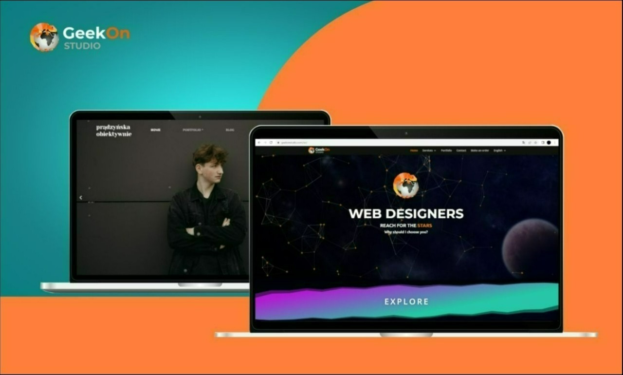 Dwa laptopy prezentują strony internetowe z portfolio i nowoczesnym designem, logo firmy GeekOn Studio w lewym górnym rogu, tło w odcieniach turkusu i pomarańczy.