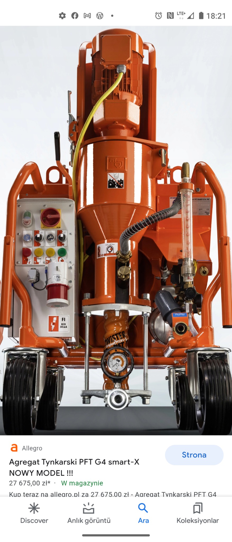 Pomarańczowy agregat tynkarski PFT G4 smart-X na kółkach, widok z przodu, z widocznymi elementami sterującymi i wskaźnikami.