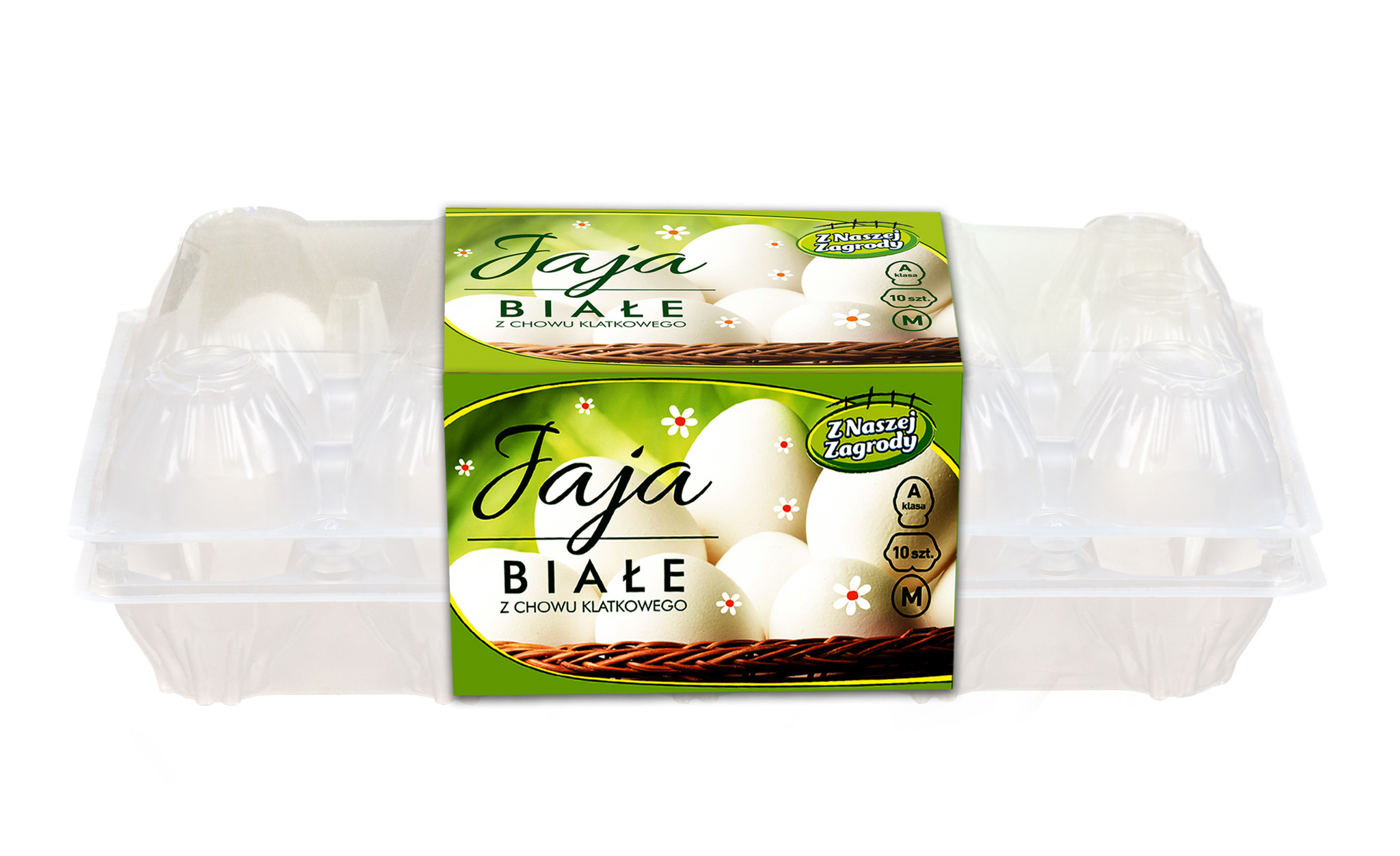 Grafika opakowania jaj białych w plastikowym wytłaczance z zieloną etykietą informującą o pochodzeniu z chowu klatkowego, z elementami dekoracyjnymi w postaci kwiatków.