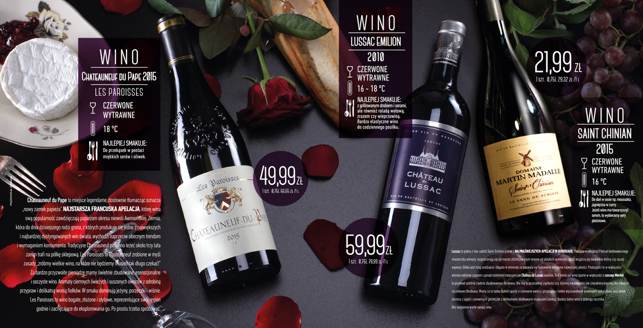 Kompozycja z trzema butelkami czerwonego wina różnych marek (Chateauneuf du Pape, Lussac Emilion, Saint Chinian) oraz elementami dekoracyjnymi, takimi jak ser, pieczywo, róża i winogrona...