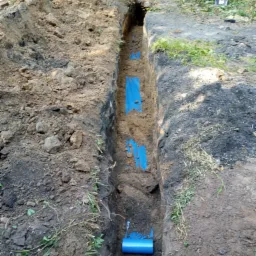 Wkopany w ziemię rów z ułożonymi niebieskimi rurami, zabezpieczonymi niebieską folią na odcinkach łączeń, widok z góry.