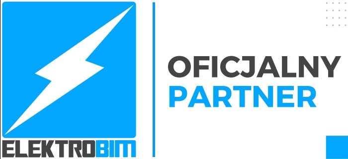 Logo firmy ElektroBIM, oficjalnego partnera. Błękitny kwadrat z białą błyskawicą.
