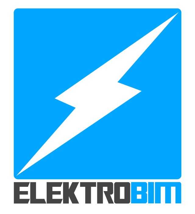 Logo firmy ElektroBIM przedstawiające biały symbol błyskawicy na jasnoniebieskim kwadracie, z nazwą firmy w kolorze ciemnoszarym poniżej.