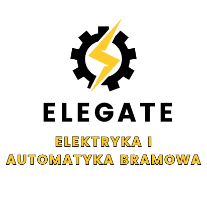 Logo firmy ELEGATE z symbolem zębatki i błyskawicy, oferującej usługi elektryczne i automatykę bramową.