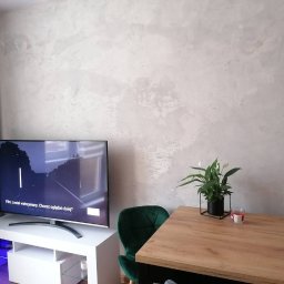 Dawid Mielewczyk - Ściana w salonie wykończona dekoracyjnym tynkiem imitującym beton, obok telewizor na białej szafce z podświetleniem LED i drewniany stół z kwiatem w doniczce.