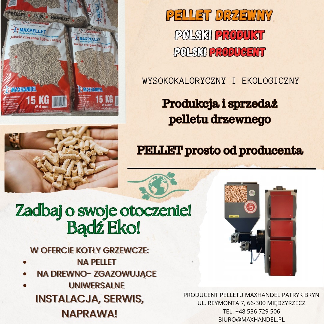 Grafika reklamowa producenta pelletu drzewnego: worki z pelletem, garść pelletu w dłoniach, piec na pellet oraz hasła reklamowe.