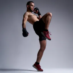Mężczyzna w czarnych spodenkach i czerwonych butach, z czarnymi rękawicami bokserskimi, wykonuje kopnięcie kolanem w górę na szarym tle.