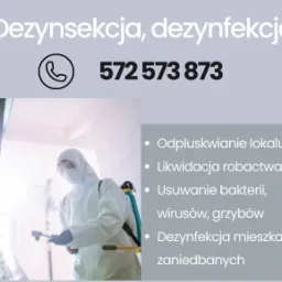 Plakat reklamowy z pracownikiem w kombinezonie ochronnym podczas dezynfekcji pomieszczenia, numer telefonu i hasła reklamowe: Odpluskwianie lokalu, Likwidacja robactwa, Usuwanie bakterii, wirusów...