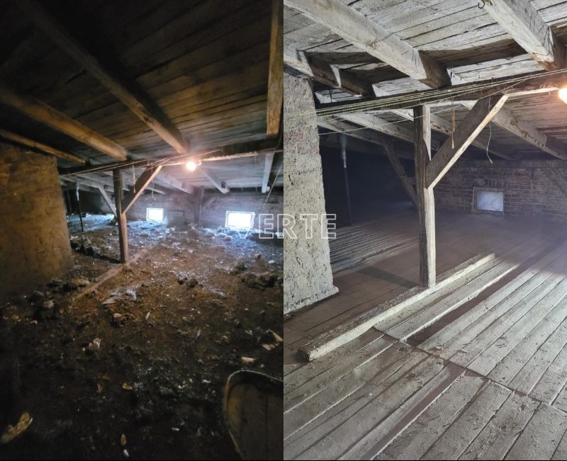 Porównanie stanu strychu przed i po: po lewej zagracony, ciemny strych z widocznymi odpadami i brudem, po prawej wysprzątany strych z drewnianą podłogą i konstrukcją dachu, widoczne okno.