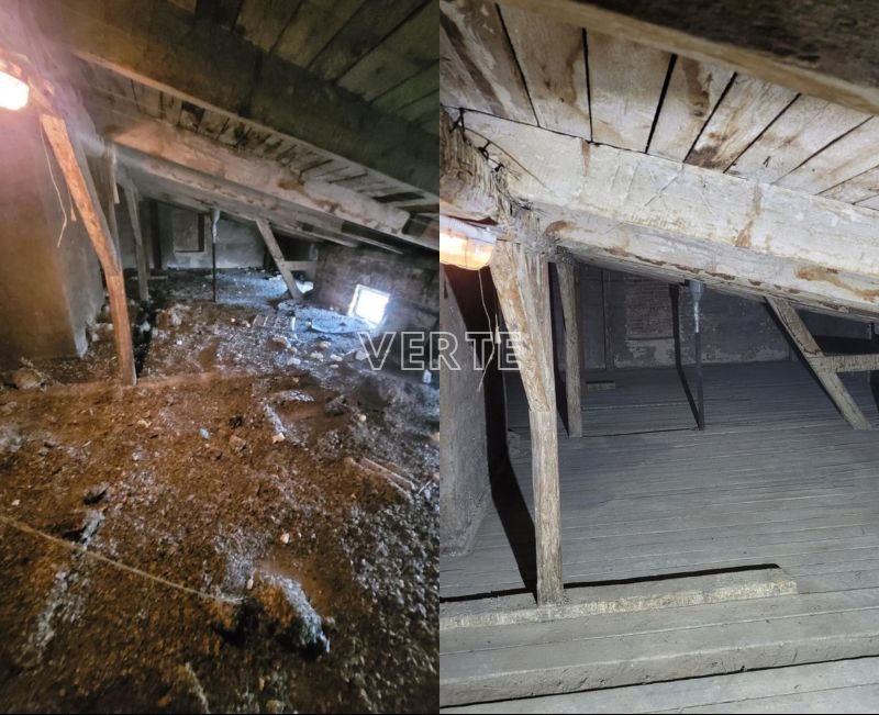 Porównanie strychu przed i po sprzątaniu: po lewej stronie zagracona przestrzeń z gruzem i kurzem, po prawej wysprzątana podłoga z desek, widoczne drewniane krokwie i konstrukcja dachu.