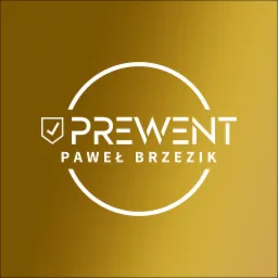 Logo firmy PREWENT Paweł Brzezik na złotym tle, z symbolem tarczy z ptaszkiem.