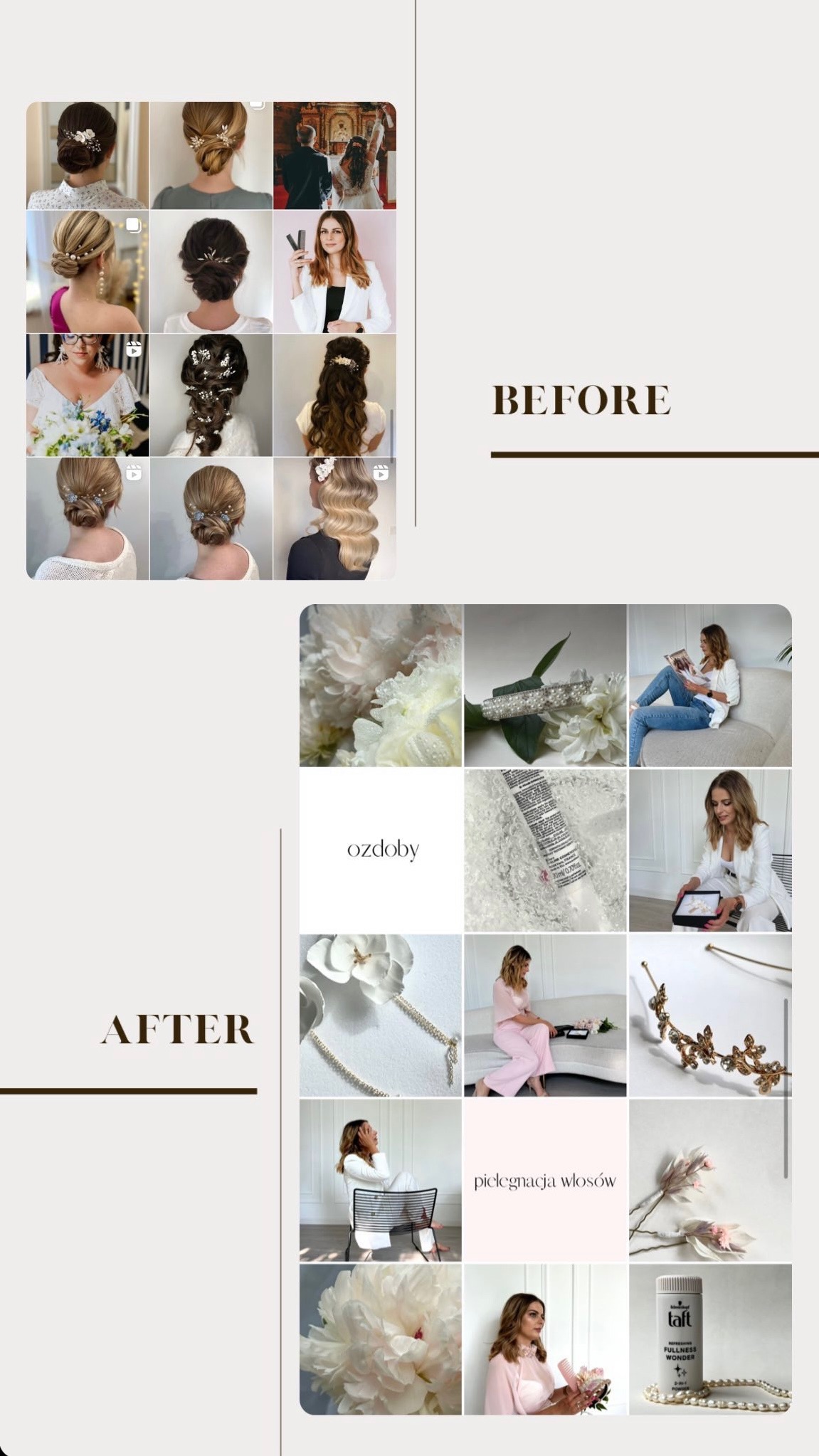 Kolaż zdjęć prezentujący fryzury ślubne przed i po stylizacji, ozdoby do włosów, kosmetyki do pielęgnacji oraz wizerunek stylistki.
