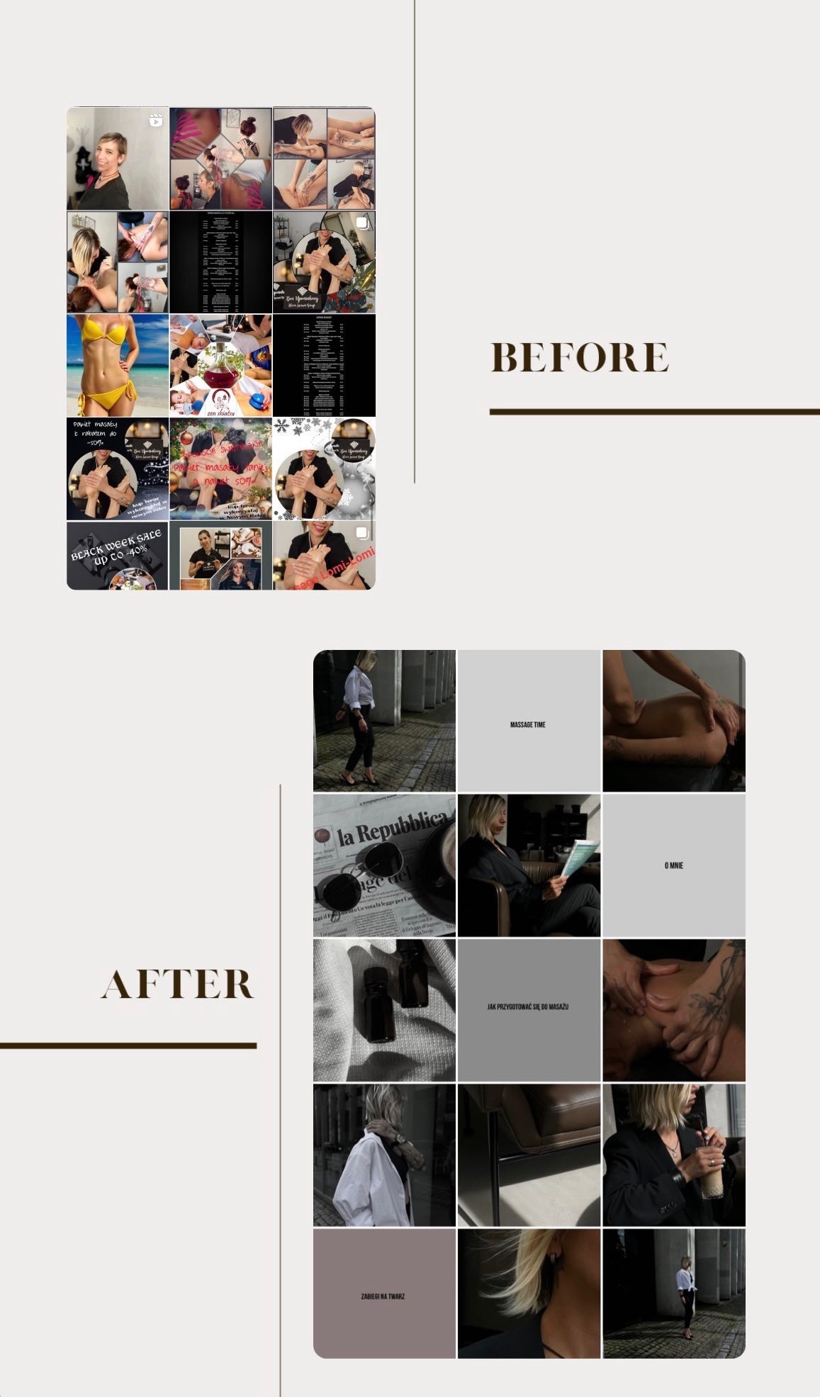 Kolaż zdjęć 'przed' i 'po' z profilu salonu masażu, prezentujący różnorodność usług i estetykę miejsca.