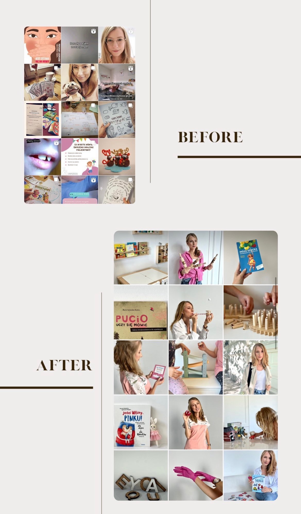 Komparacja zdjęć logopedycznych: kolaż 'przed' z problemami wymowy i 'po' z sesjami terapeutycznymi, książkami i ćwiczeniami logopedycznymi.