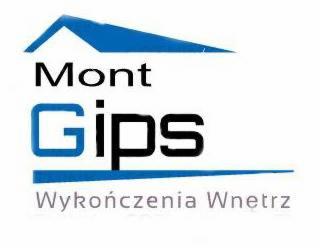 Logo firmy Mont Gips Wykończenia Wnętrz w kolorach czarnym i niebieskim na białym tle. Nazwa firmy wyraźnie widoczna, podkreślona poziomymi liniami.