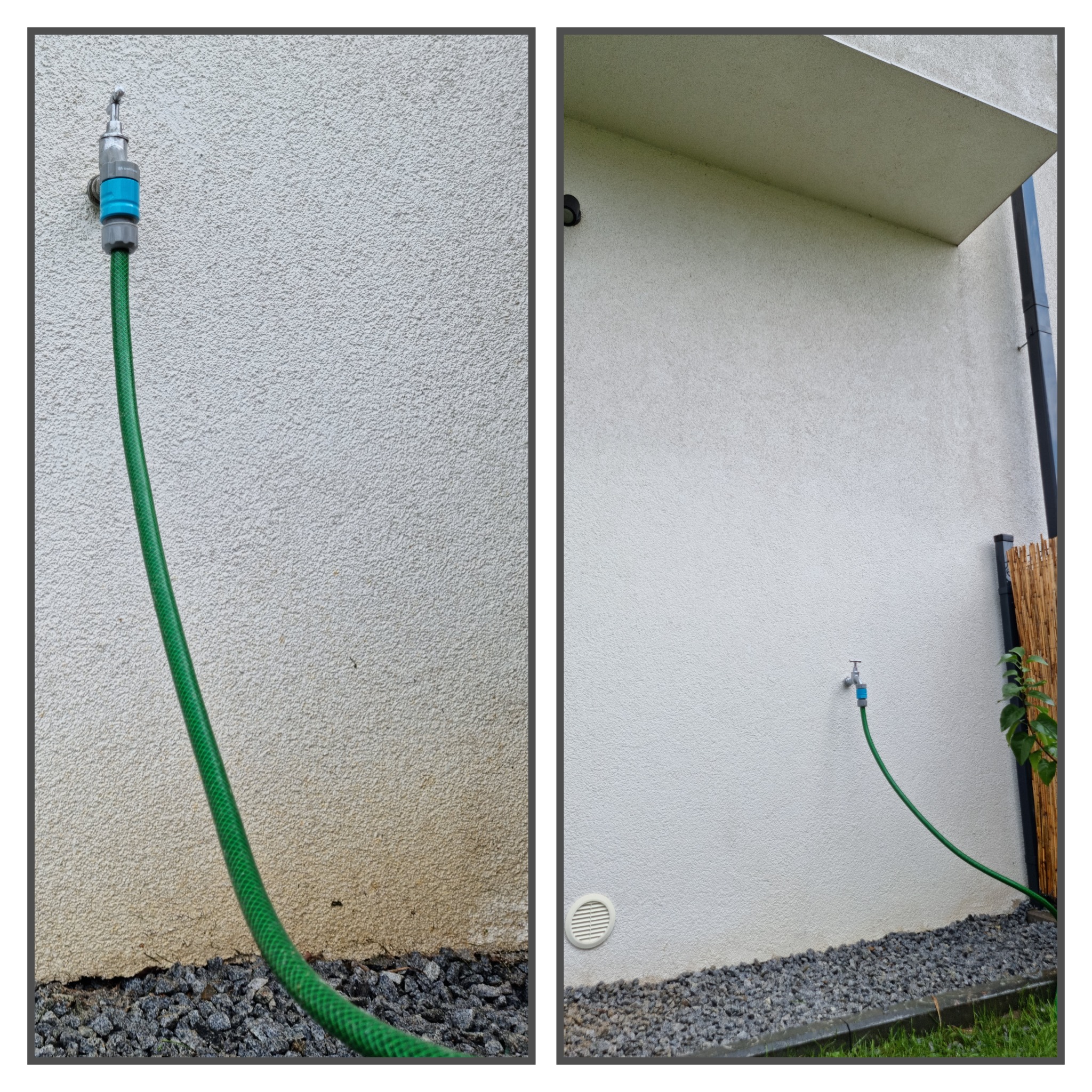 Fragment elewacji z widocznymi zabrudzeniami przy gruncie i kranem z podłączonym zielonym wężem ogrodowym, ukazujący różnicę w czystości powierzchni przed i po potencjalnym czyszczeniu.