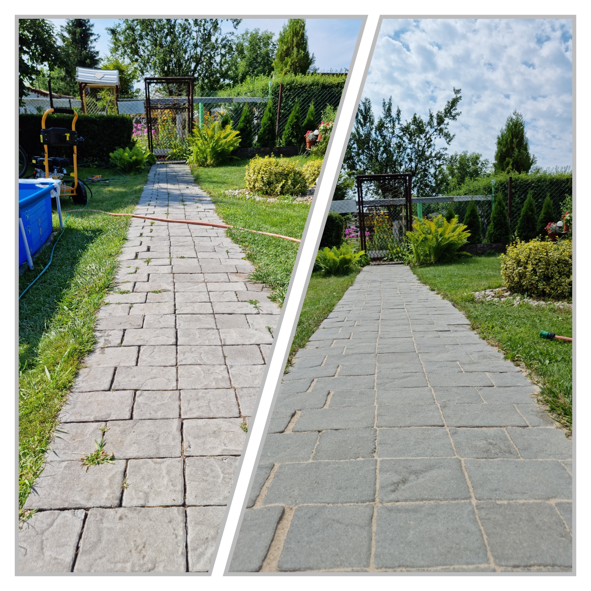 Porównanie stanu kostki brukowej przed i po czyszczeniu wysokociśnieniowym; widoczna różnica w kolorze i usunięciu zabrudzeń, zarośli i mchu.
