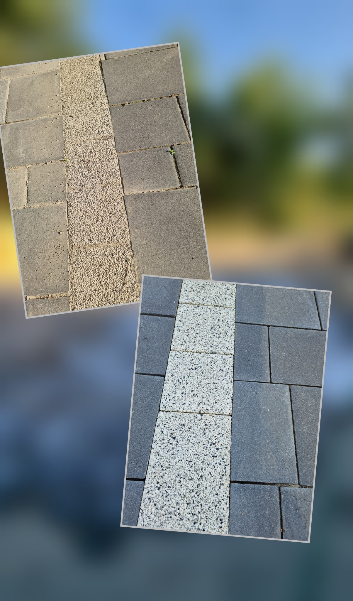 Dwa ujęcia kostki brukowej: górne - stara, piaskowa z zielonymi chwastami w szczelinach, dolne - nowa, szara z jasnym pasem z kruszywa.