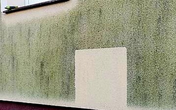 Fragment elewacji z widocznym obszarem przed i po czyszczeniu, ukazujący kontrast zabrudzeń i odświeżonej powierzchni.