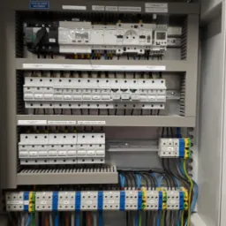 Otwarta skrzynka elektryczna z bezpiecznikami, wyłącznikami i okablowaniem w kolorach niebieskim, żółtym i brązowym.