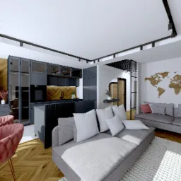 Nowoczesne wnętrze: szara zabudowa kuchenna z drewnianym akcentem, różowe krzesła przy stole, szara sofa z poduszkami i drewniana mapa świata na ścianie.