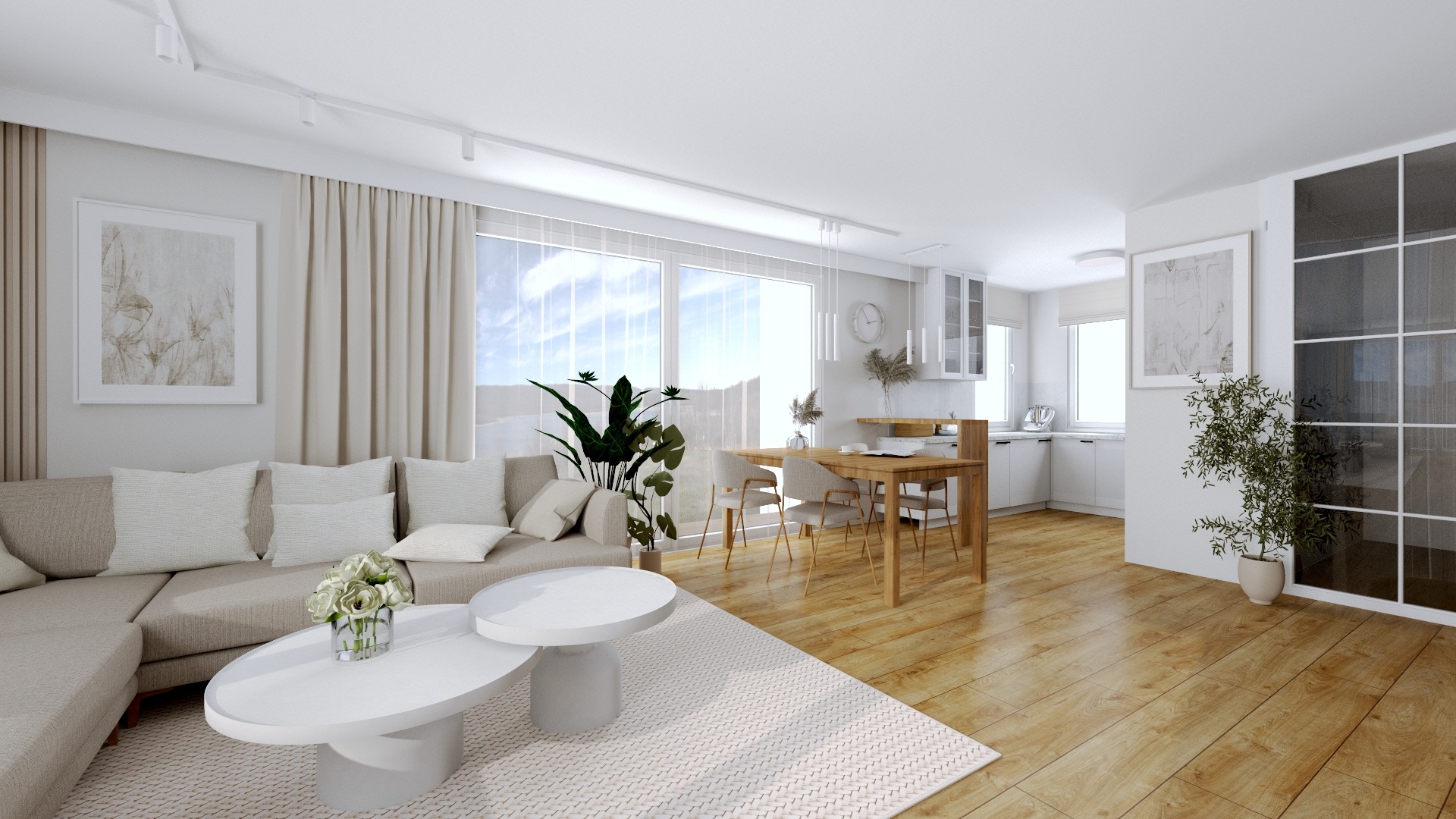 Jasne, przestronne wnętrze: salon z sofą, stolikami kawowymi i jadalnia z drewnianym stołem, w tle kuchnia. Minimalistyczny design, naturalne światło.