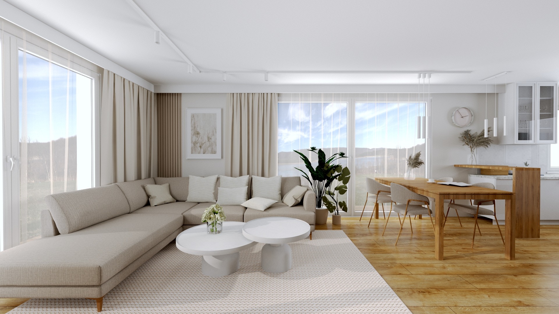 Jasne wnętrze z narożną sofą, drewnianym stołem i dużymi oknami z widokiem. Minimalistyczny design, naturalne materiały, miękkie światło.