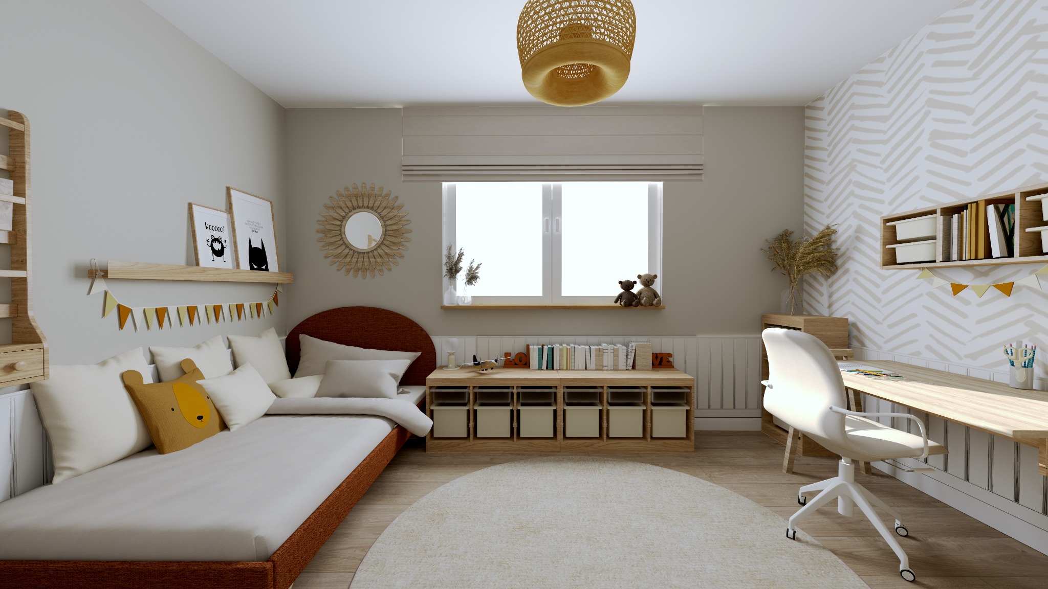 Jasny pokój dziecięcy z łóżkiem, biurkiem, regałem na książki i dekoracjami w stylu boho. Na ścianach plakaty i lustro. Przytulne wnętrze.