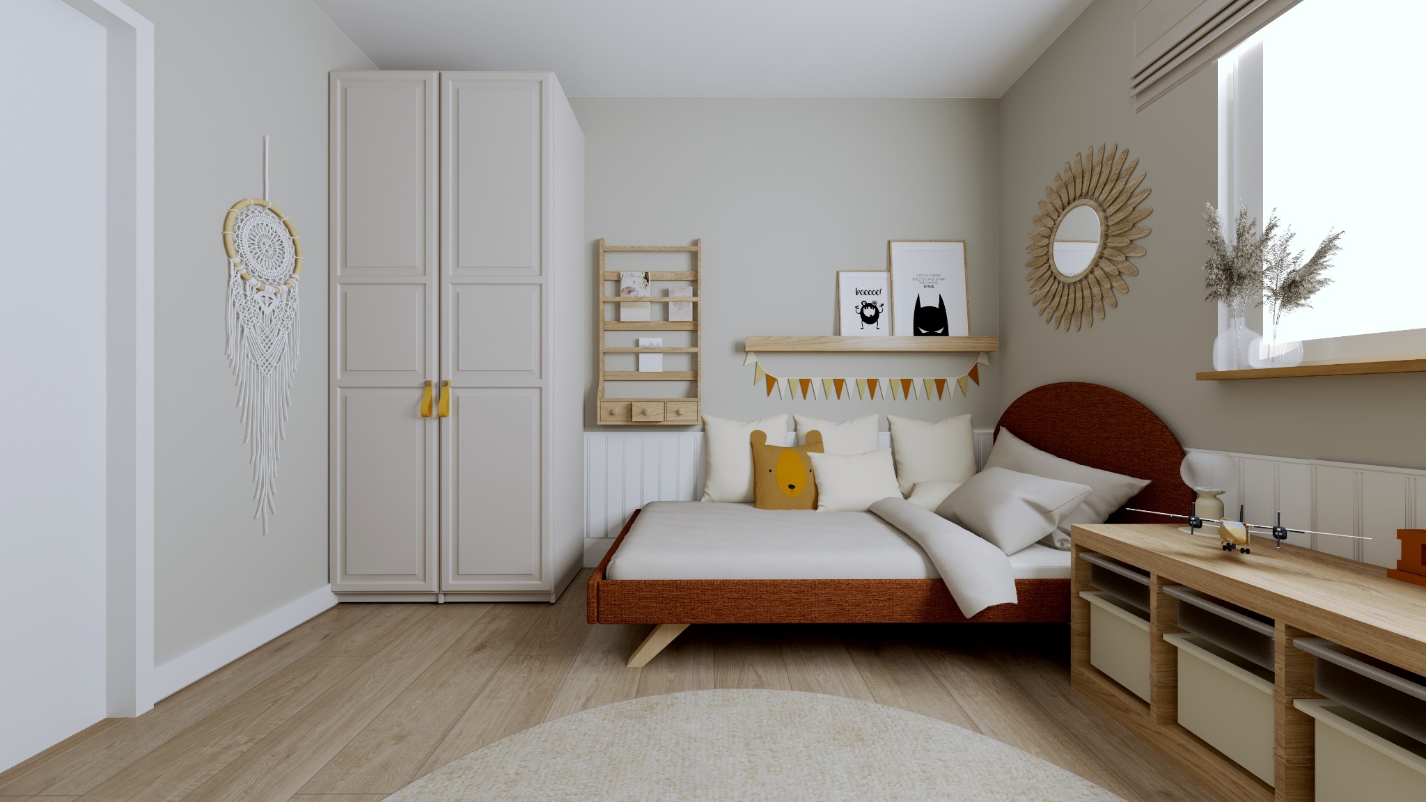 Pokój dziecięcy w stylu skandynawskim: drewniane meble, łóżko z brązową ramą, dekoracje ścienne (łapacz snów, grafiki), okrągły dywan i zabawki. Jasne, przytulne wnętrze.
