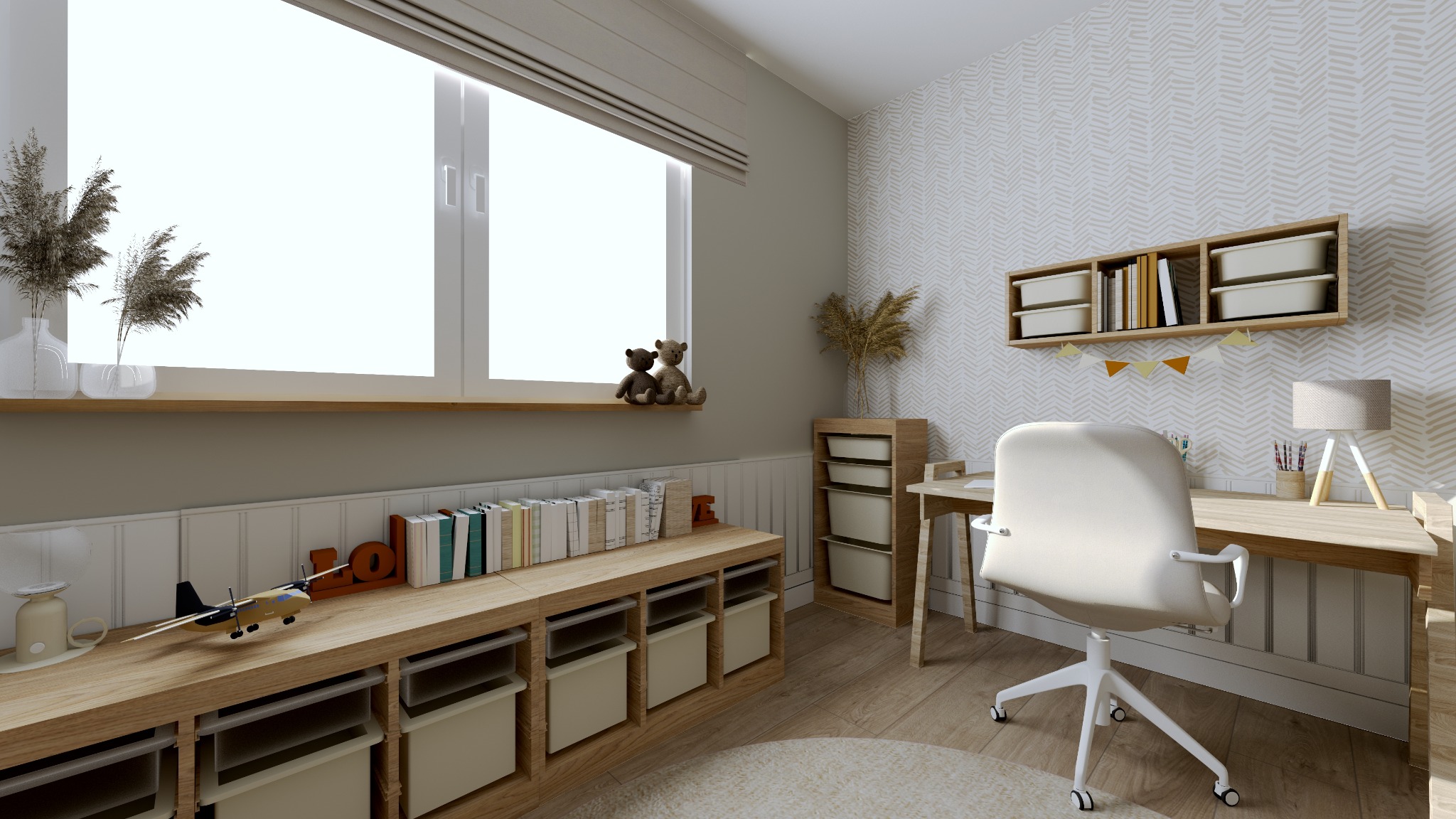 Jasny pokój dziecięcy z biurkiem, krzesłem i półkami. Na oknie pluszowe misie, na biurku zabawki. Wnętrze urządzone w stonowanych kolorach z wzorzystą tapetą.