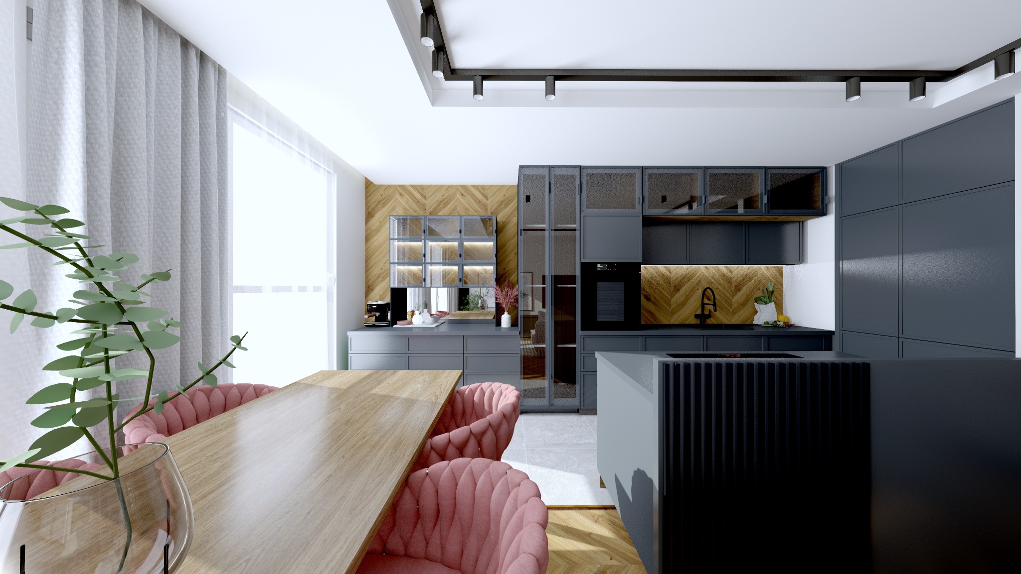 Nowoczesna kuchnia z drewnianą ścianą, szarymi szafkami i różowymi krzesłami przy stole. Na stole wazon z zielonymi gałązkami. Oświetlenie sufitowe punktowe.