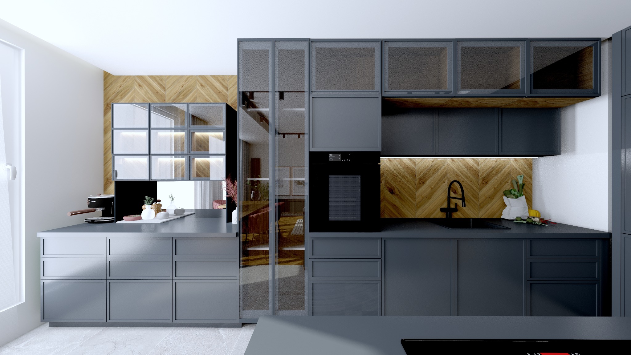 Nowoczesna kuchnia w szarościach z drewnianym akcentem na ścianie. Widoczne szafki, sprzęt AGD i dekoracje. Całość utrzymana w minimalistycznym stylu.