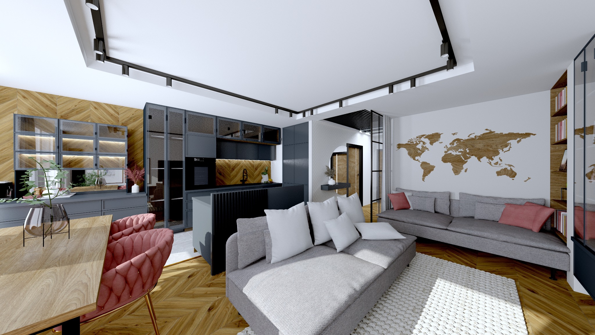 Nowoczesne wnętrze: szara zabudowa kuchenna z drewnianym akcentem, różowe krzesła przy stole, szara sofa z poduszkami i drewniana mapa świata na ścianie.