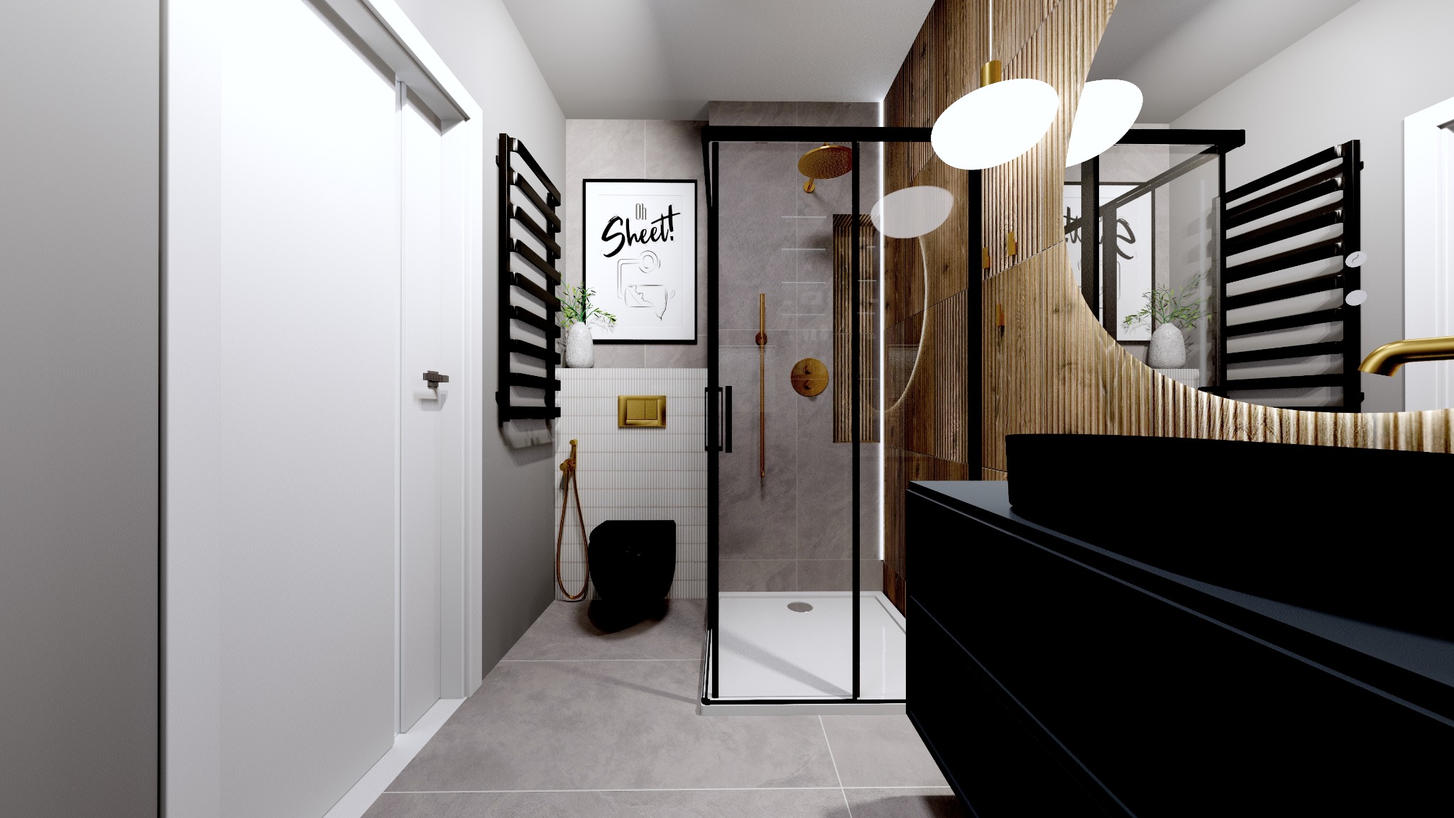 Nowoczesna łazienka z czarną armaturą, kabiną prysznicową typu walk-in i drewnianymi panelami dekoracyjnymi. Minimalistyczny design z akcentami złota.