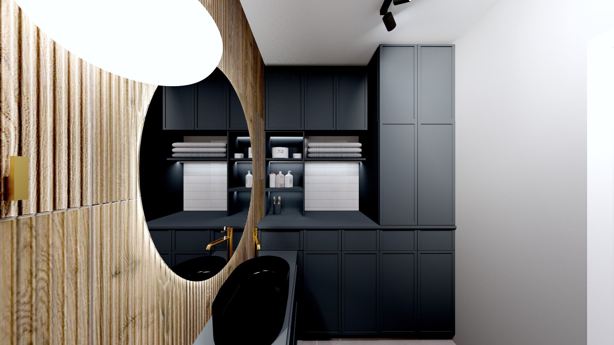 Nowoczesna łazienka w odcieniach szarości i drewna: owalne lustro z podświetleniem, czarna umywalka nablatowa i szafki z półkami na ręczniki.